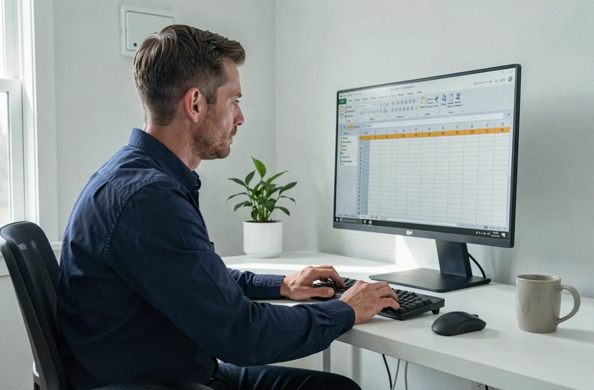 Homme en télétravail utilisant Excel avec des lignes figées sur un grand écran moniteur dans un bureau à domicile