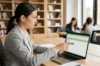 Femme professionnelle montrant une feuille Excel avec la première ligne figée sur un écran d'ordinateur portable en bureau moderne