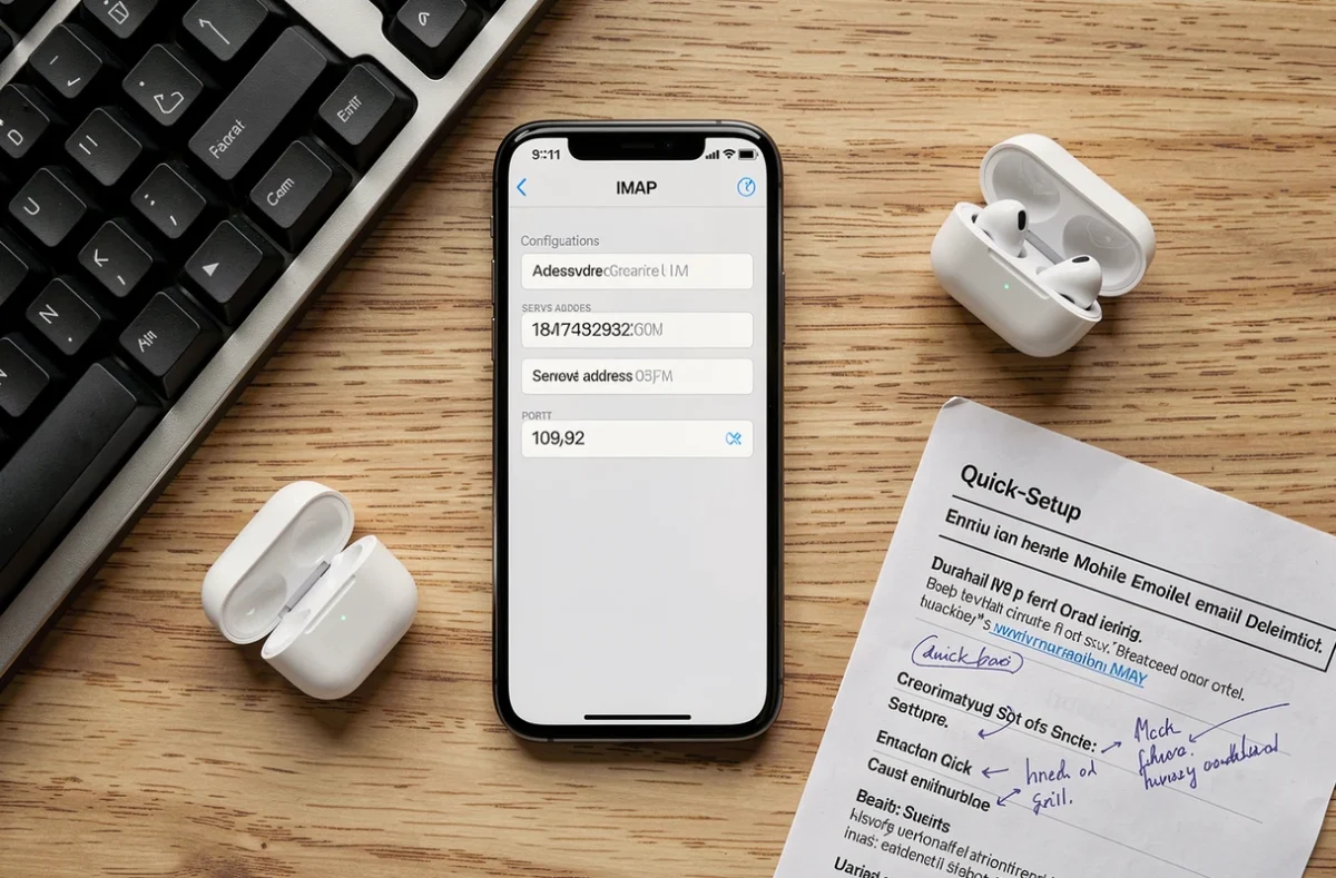 Vue à plat des réglages IMAP et SMTP Webmail49 affichés sur un smartphone posé sur un bureau avec un guide de configuration imprimé