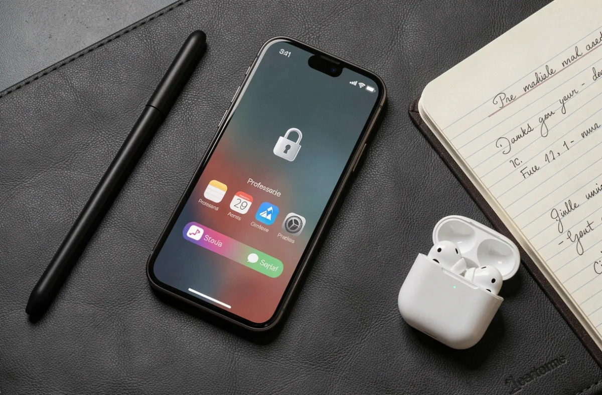 Vue aérienne d'un iPhone 12 Pro avec application sécurisée sur bureau en cuir avec carnet et accessoires professionnels