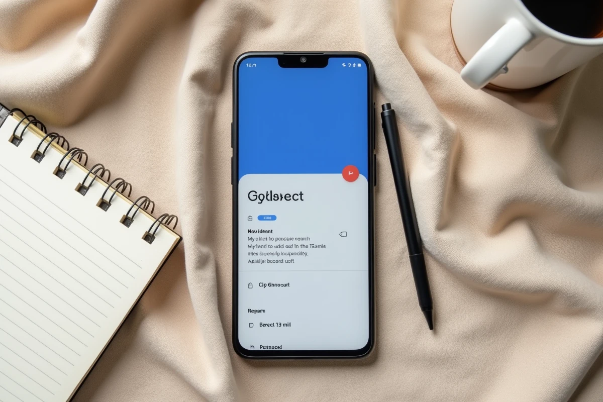 Vue de dessus d'un smartphone Android affichant le presse-papier du clavier Gboard avec des extraits de texte copiés