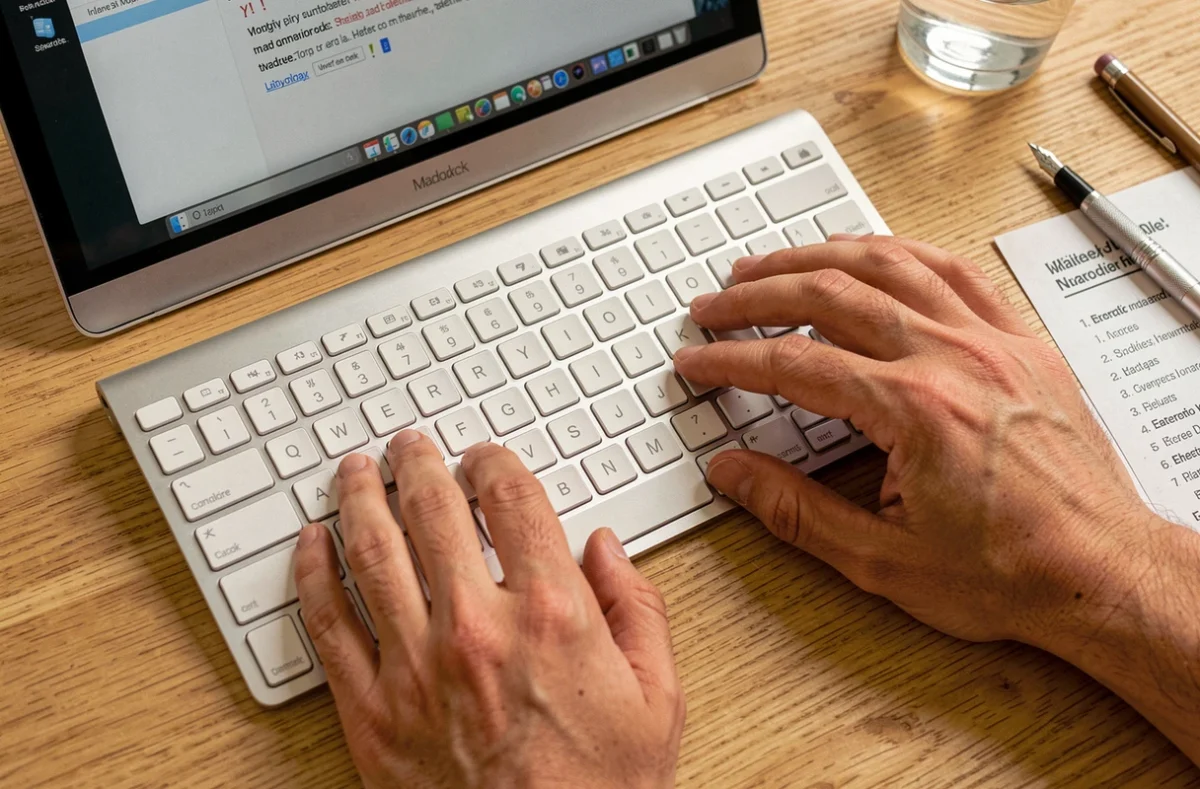 Gros plan de mains sur un clavier Apple Magic Keyboard pour saisir un point d'exclamation