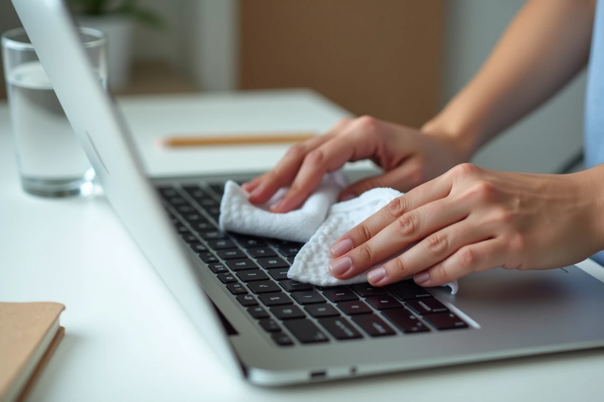Gros plan de mains essuyant les traces de doigts sur un écran d'ordinateur portable avec un chiffon microfibre blanc