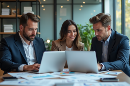 Groupe de professionnels analysant des graphiques numériques en réunion