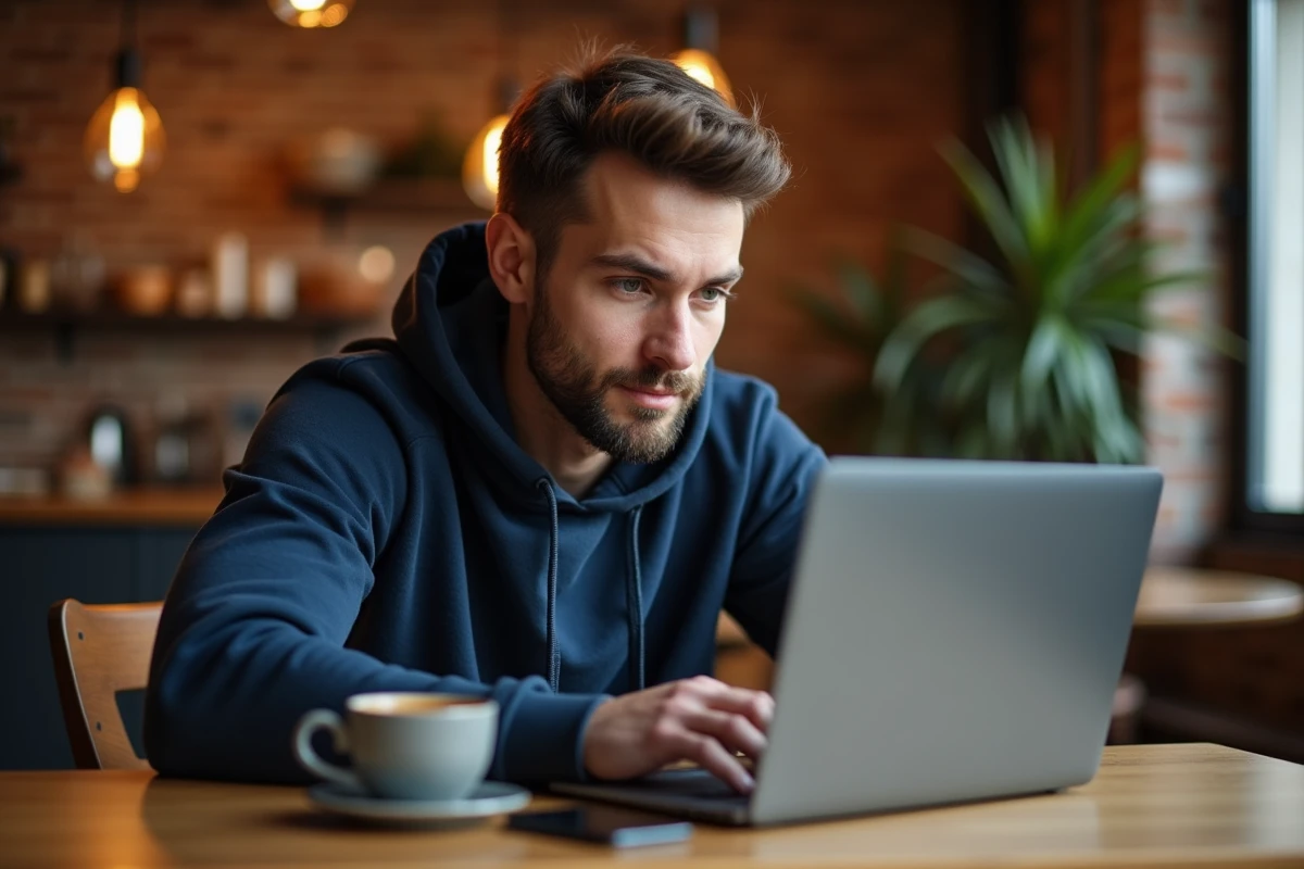 Homme comparant des offres d'iPhone 14 Pro reconditionné sur un ordinateur portable dans un café
