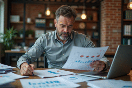 Homme d'affaires en bureau avec papiers et ordinateur