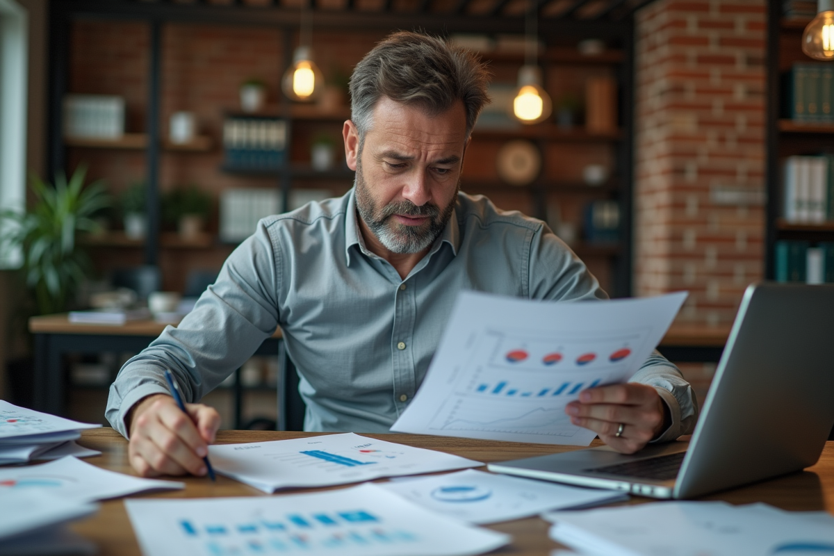 Homme d'affaires en bureau avec papiers et ordinateur