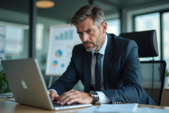 Homme d'affaires stressé au bureau regardant son ordinateur