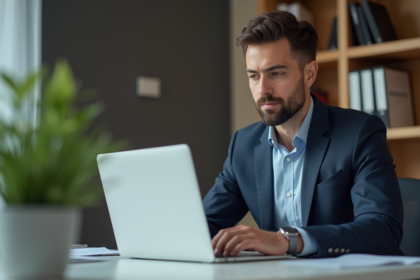 Homme d'affaires concentré travaillant sur son ordinateur