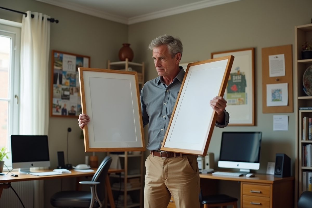 Homme vérifiant des posters encadres dans un bureau à domicile