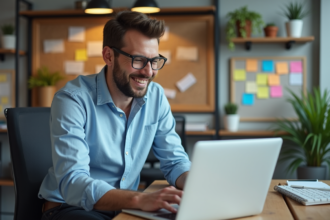 Homme analysant des données SEO sur son ordinateur dans un bureau moderne