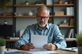 Homme d'âge moyen lisant un manuel dans un bureau organisé
