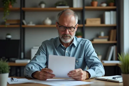 Homme d'âge moyen lisant un manuel dans un bureau organisé
