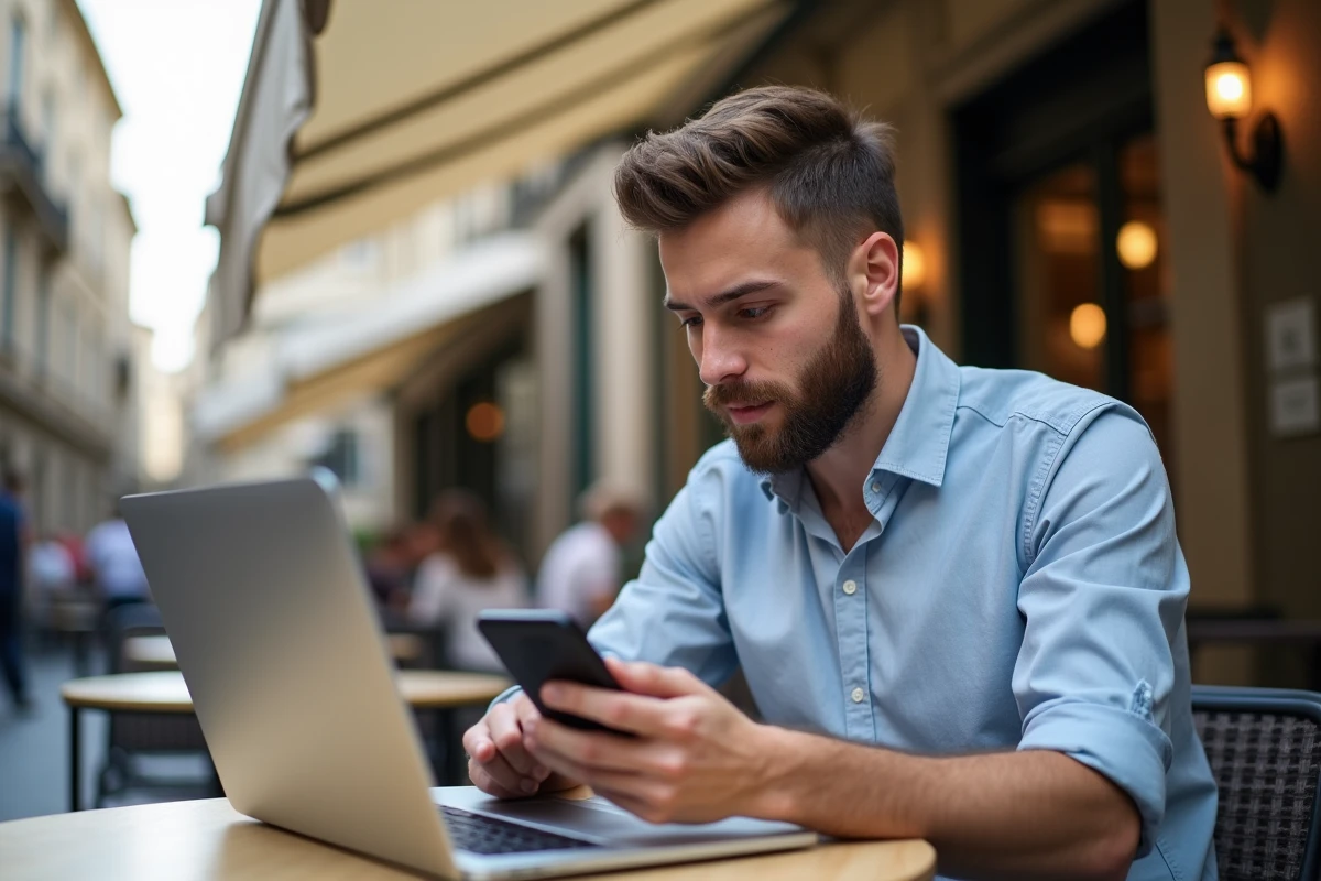 Jeune homme au café travaillant sur son ordinateur portable
