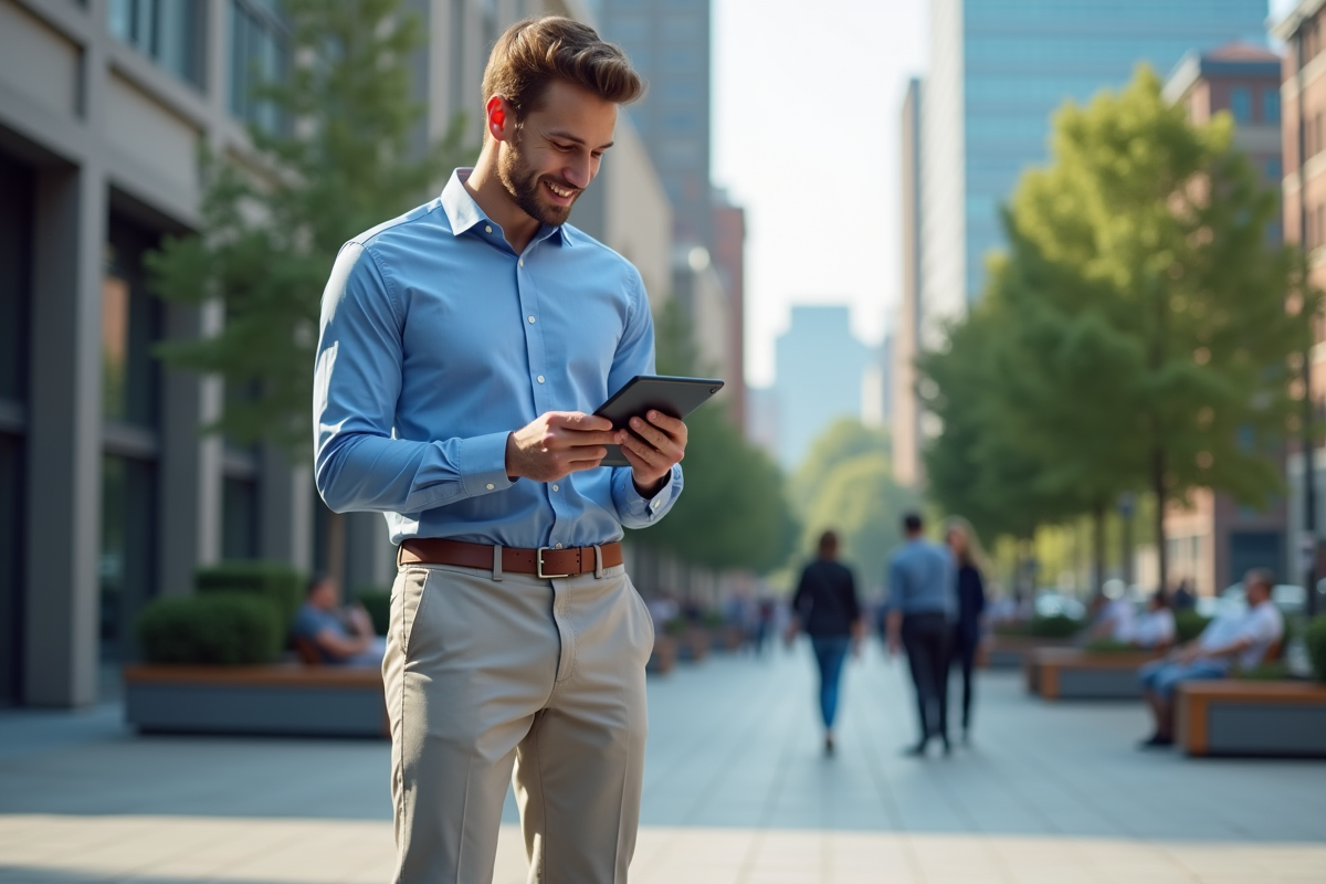 Jeune homme en ville regardant ses résultats sur une tablette