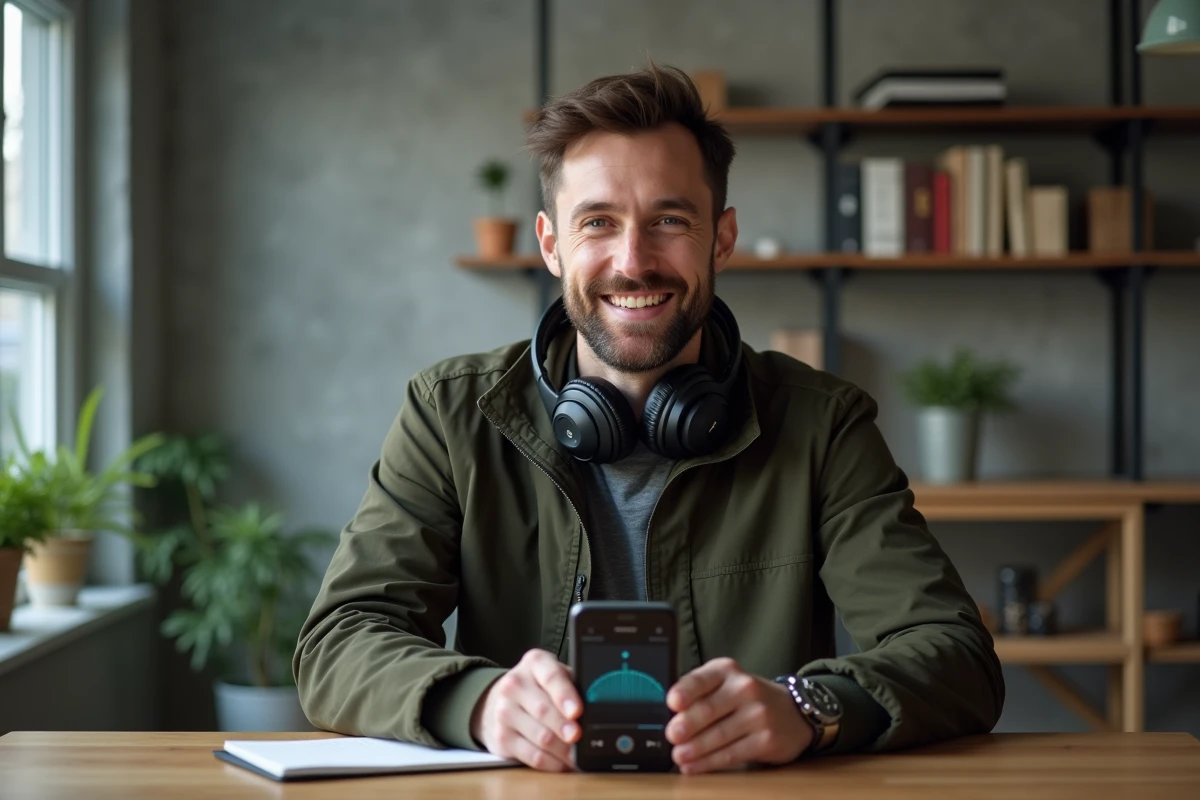 Homme avec un casque audio autour du cou utilisant son smartphone pour écouter des fichiers MP3 dans un bureau moderne