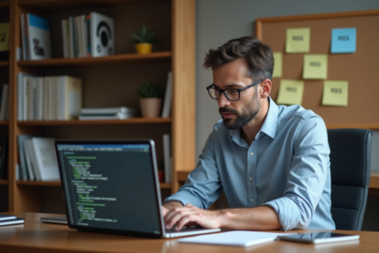 Homme concentré devant son ordinateur en bureau moderne