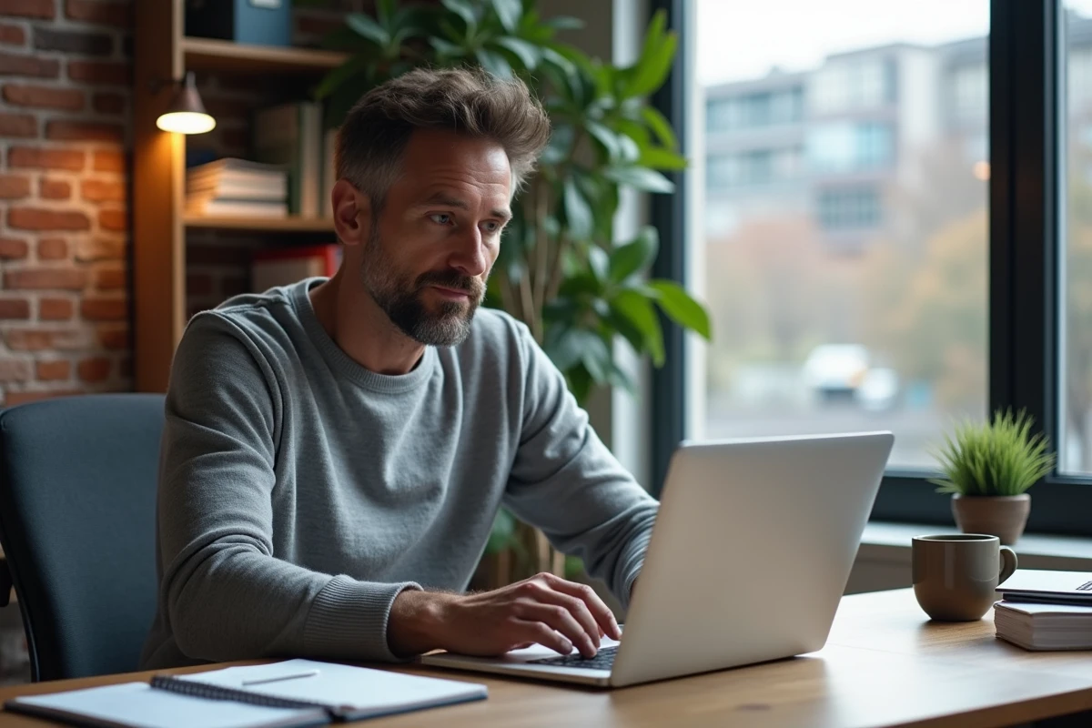 Homme consultant une comparaison de prix d'outils IA depuis son bureau à domicile avec notes manuscrites