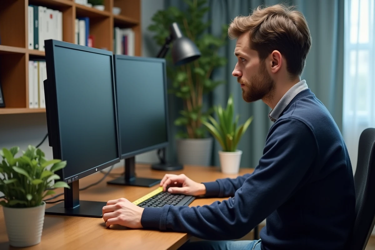 Jeune homme compare deux écrans dans un bureau moderne