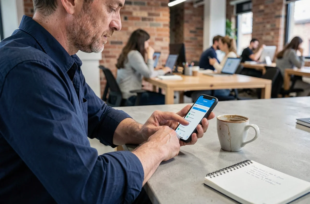 Homme configurant les paramètres SMTP Webmail49 sur iPhone dans un espace de co-working moderne