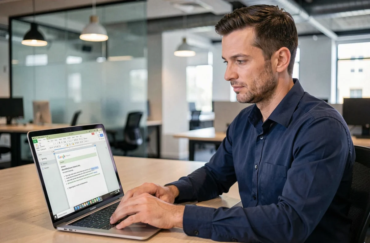 Homme en espace de coworking utilisant un ordinateur portable pour créer un sommaire structuré dans Google Docs