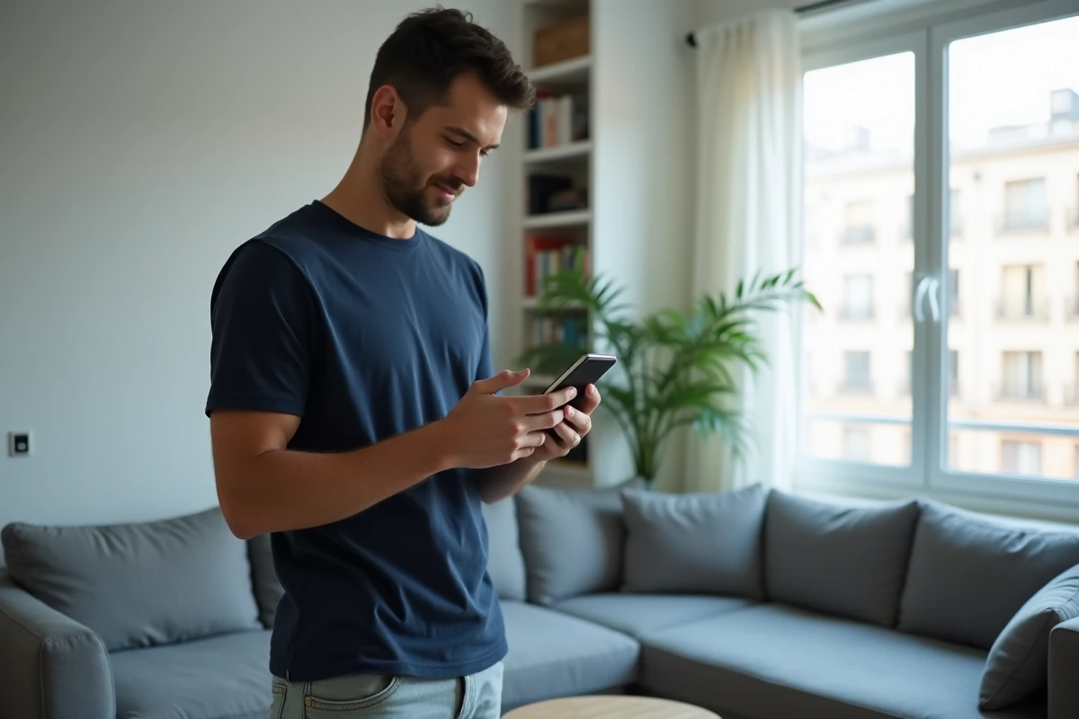 Homme créant son compte client Réglo Mobile sur smartphone dans un appartement moderne