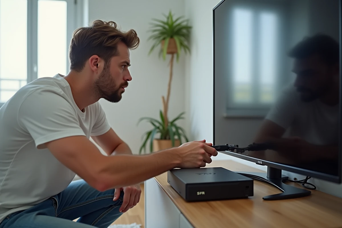 Homme connectant un décodeur SFR classique à un téléviseur dans un appartement moderne