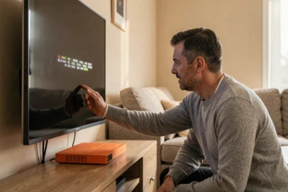 Homme inspectant un téléviseur affichant le code erreur L11-06 avec un décodeur Orange visible en dessous