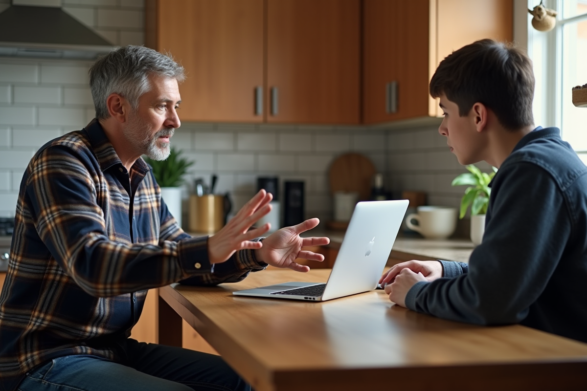 Homme expliquant à un adolescent avec MacBook en cuisine
