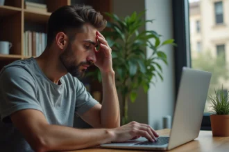 Homme frustré devant un écran d'ordinateur portable affichant une erreur de déconnexion du webmail Roundcube Free