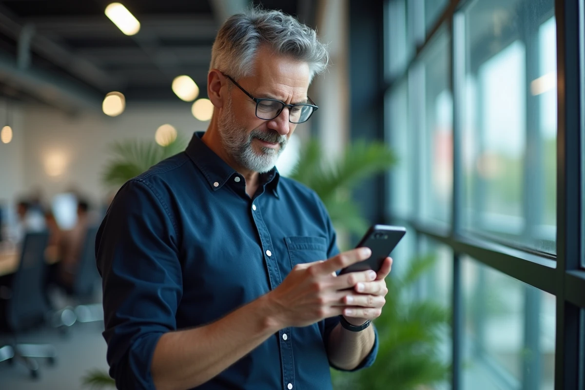 Homme en bureau moderne consultant le presse-papier Gboard sur son téléphone Android