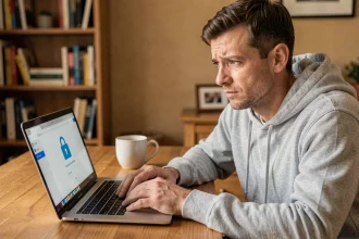 Homme inquiet devant un ordinateur portable affichant un gestionnaire de mots de passe Chrome dans un bureau à domicile