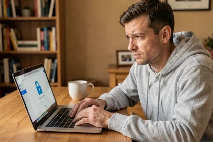 Homme inquiet devant un ordinateur portable affichant un gestionnaire de mots de passe Chrome dans un bureau à domicile