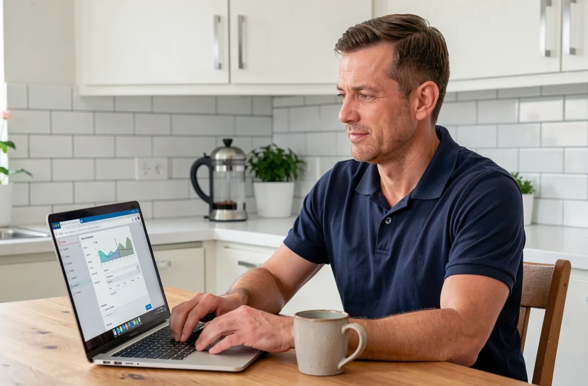 Homme consultant l'interface d'administration de sa Bbox sur un ordinateur portable pour trouver le mot de passe WiFi