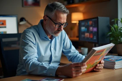 Homme d'âge moyen lisant un magazine tech dans un bureau moderne