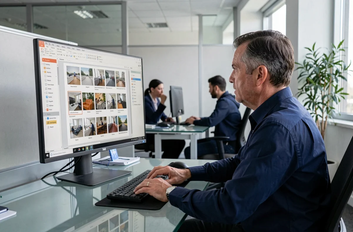 Homme utilisant un logiciel de fusion PDF multipage sur ordinateur dans un bureau moderne