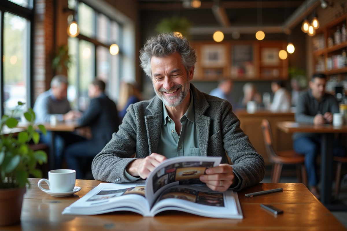 Homme souriant feuilletant des magazines photo dans un café