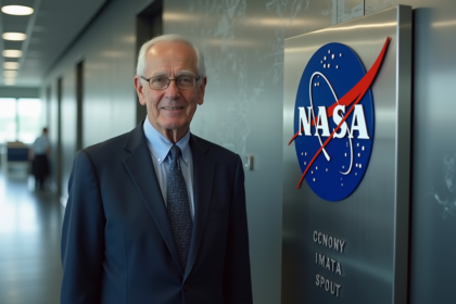 Homme d'âge mûr en costume devant logo NASA dans un bureau