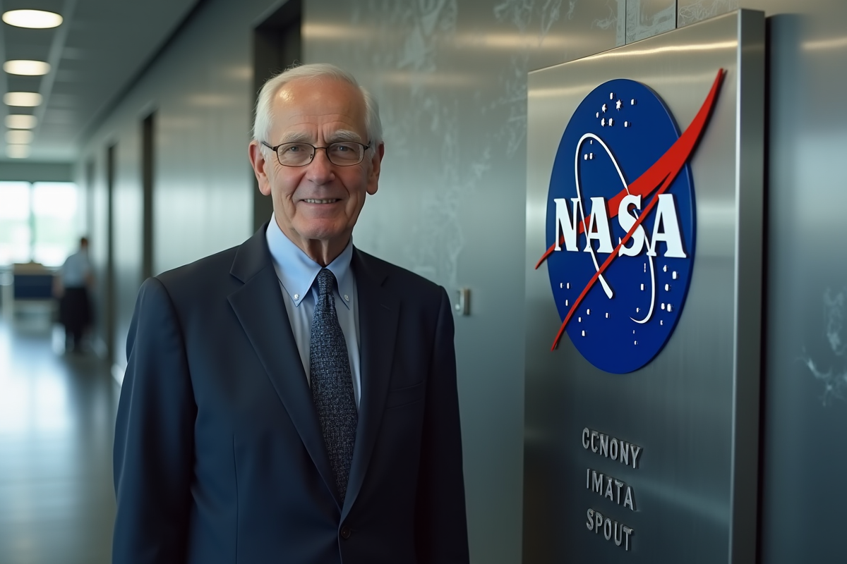 Homme d'âge mûr en costume devant logo NASA dans un bureau