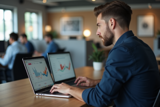 Homme en bureau comparant des graphiques de test A/B