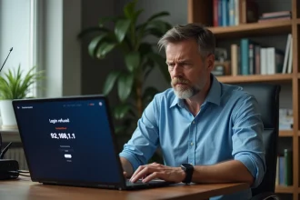 Homme d'âge moyen face à un ordinateur avec message d'erreur de connexion