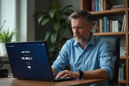 Homme d'âge moyen face à un ordinateur avec message d'erreur de connexion