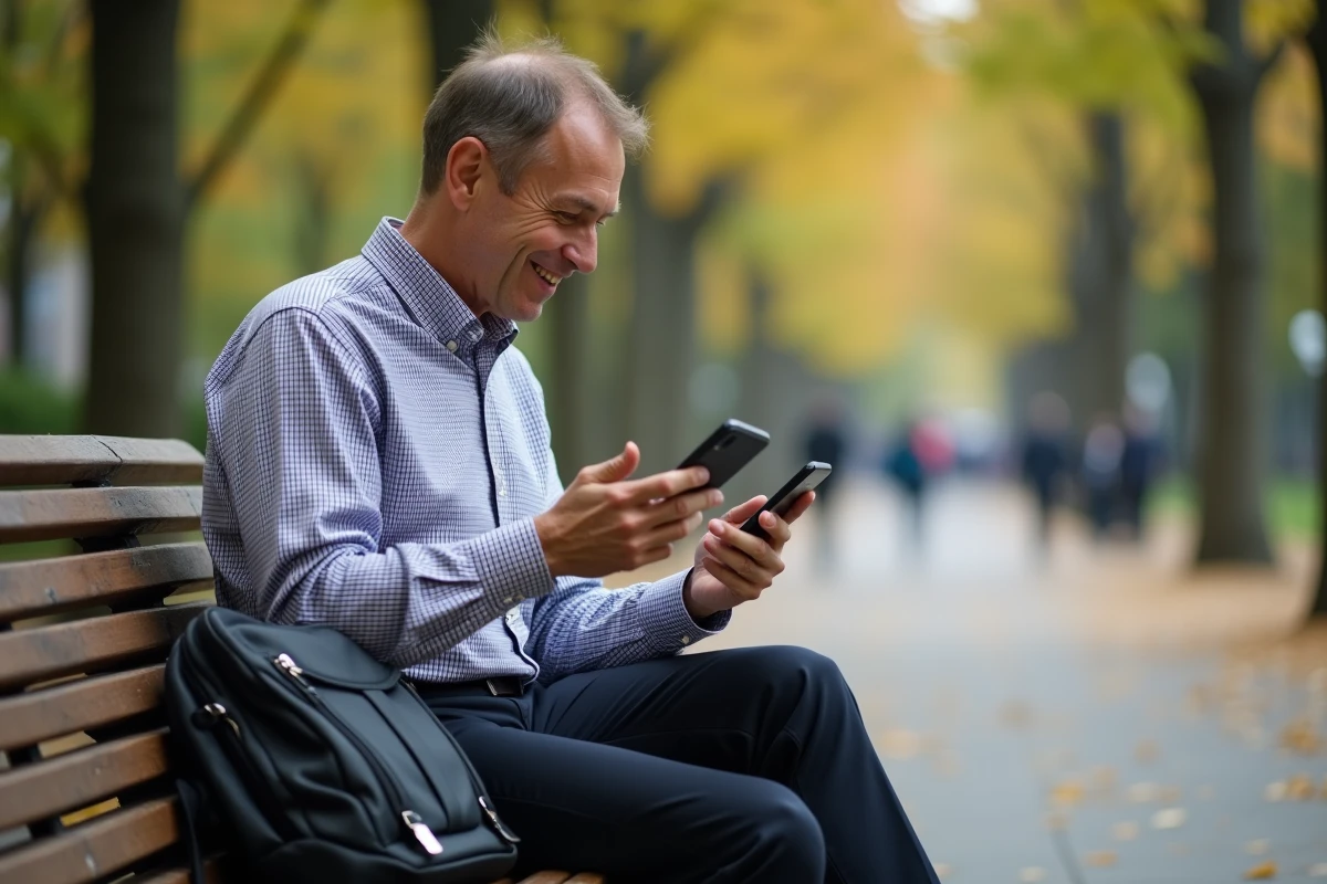 Homme d age moyen transfere fichiers dans un parc