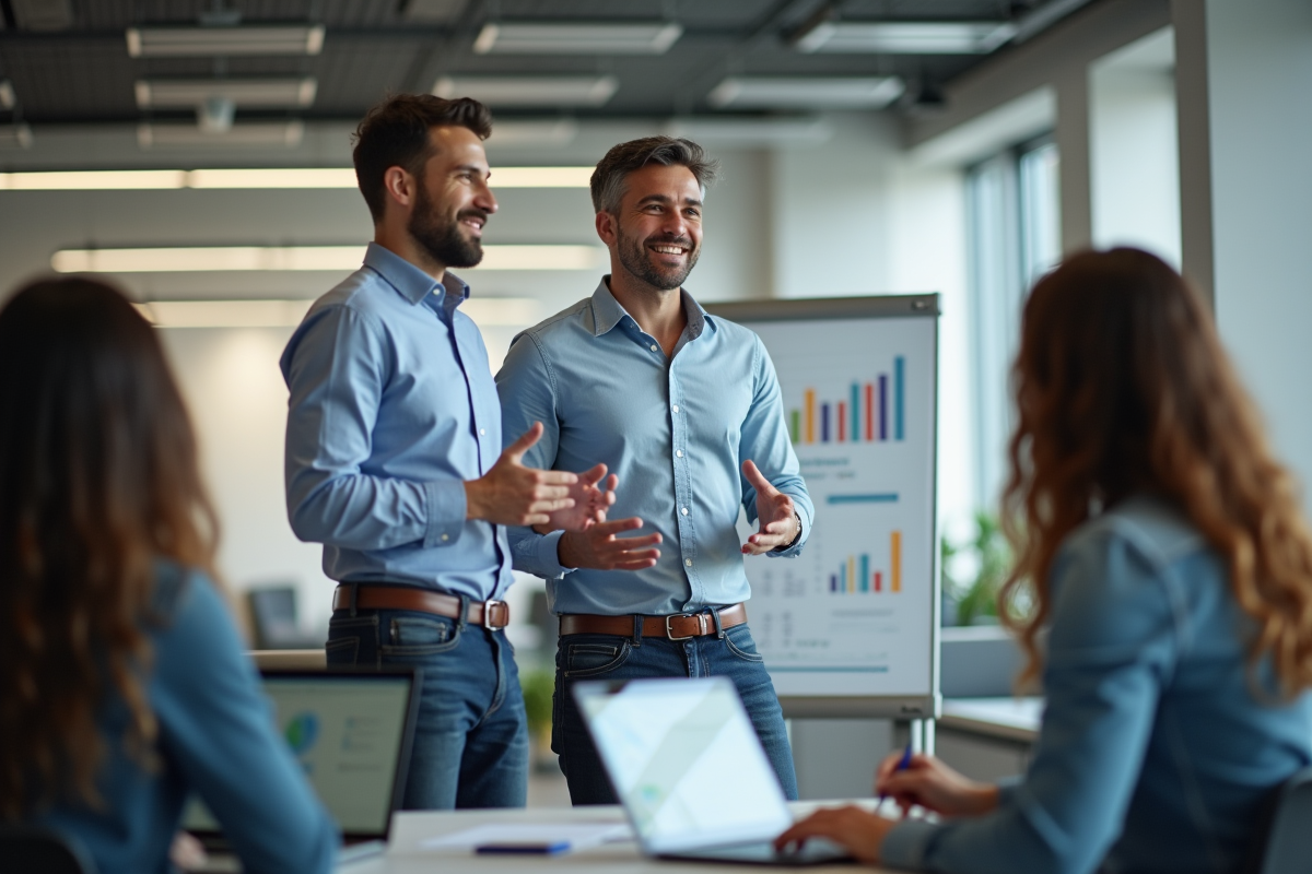 Homme présentant des résultats marketing à ses collègues