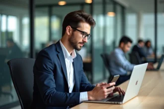 Jeune homme en blazer bleu travaillant sur son ordinateur