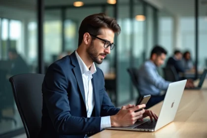 Jeune homme en blazer bleu travaillant sur son ordinateur