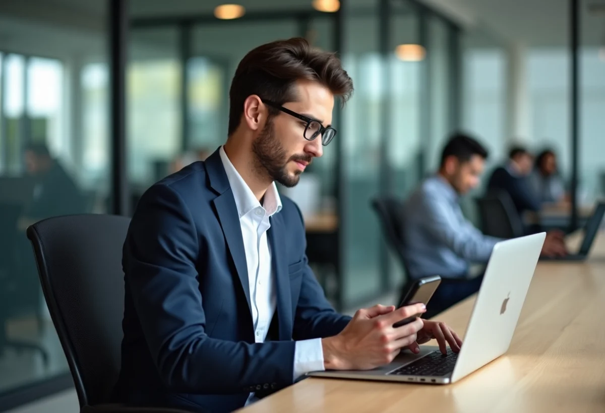 Jeune homme en blazer bleu travaillant sur son ordinateur