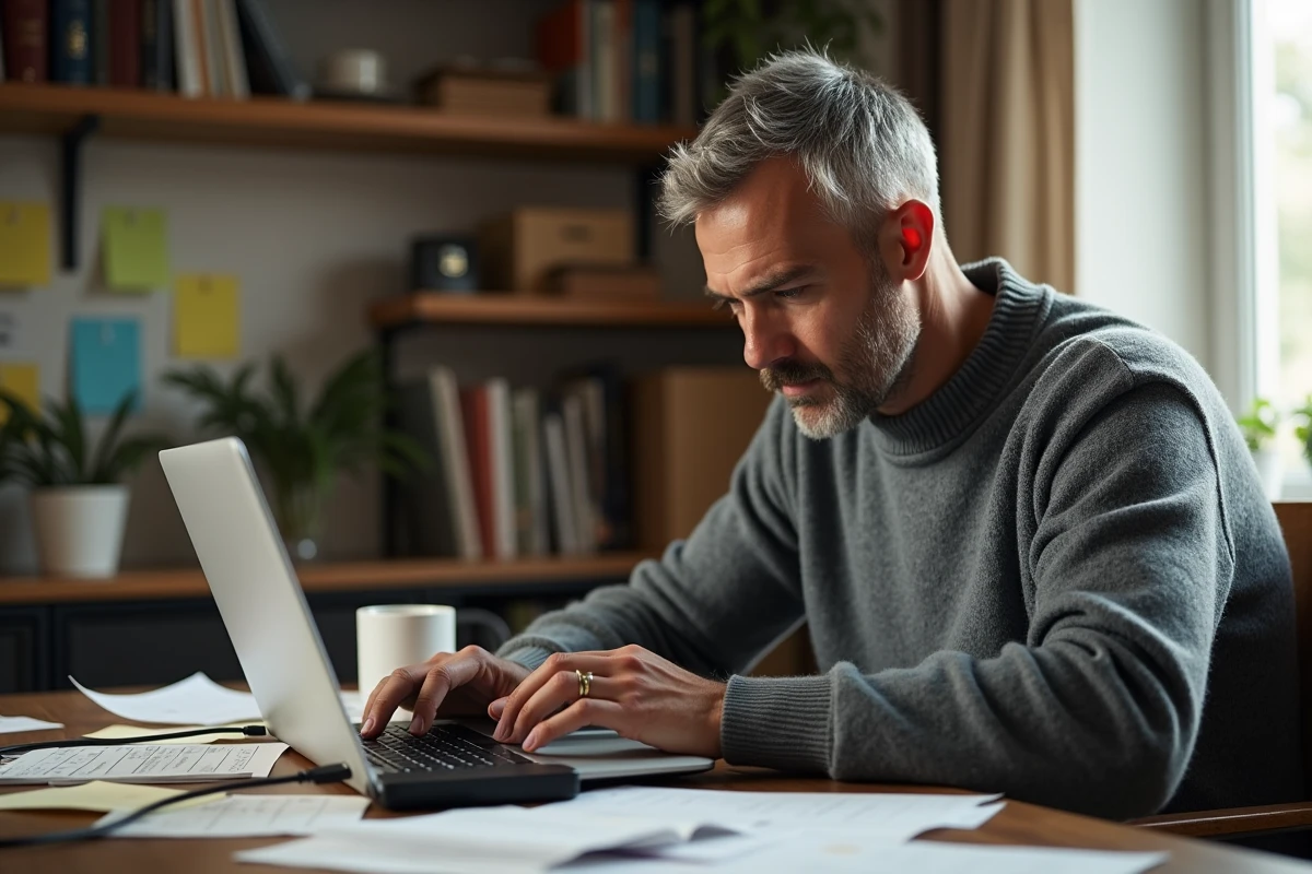 Homme récupérant des emails importants sur un disque dur externe depuis un ancien ordinateur portable à domicile