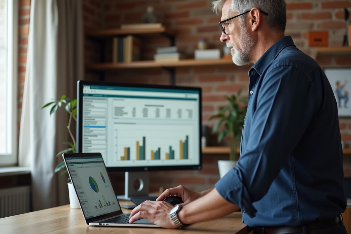 Homme en chemise marine travaillant debout sur Excel depuis un bureau à domicile avec graphiques et analyse de données