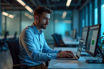 Homme d'affaires examinant des données de cybersécurité au bureau